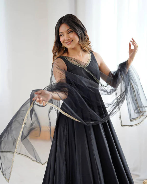 Womenline Black Color Chanderi Pure Roman Silk Anarkali Suit