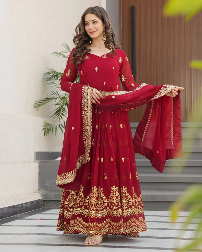 Womenline Maroon Color Designer Blooming Embroidered Gown