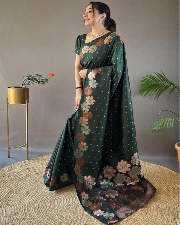 Womenline Jacquard Design Green color Soft Lichi Silk Saree