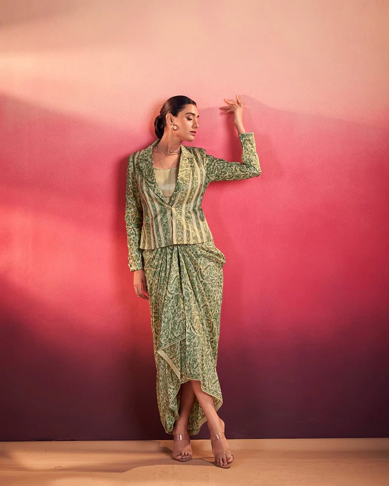 Womenline Pista Green Printed Jacket Style Indo-Western Co-Ord Set