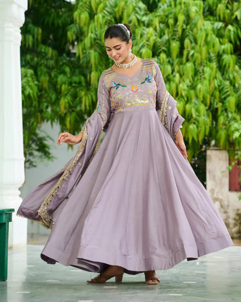 Womenline Lavender Color Vichitra Silk Sequence Embroidered Gown