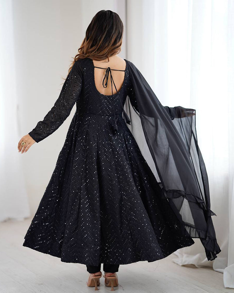 Womenline Black Color Georgette Lucknowi Three Piece Anarkali Suit