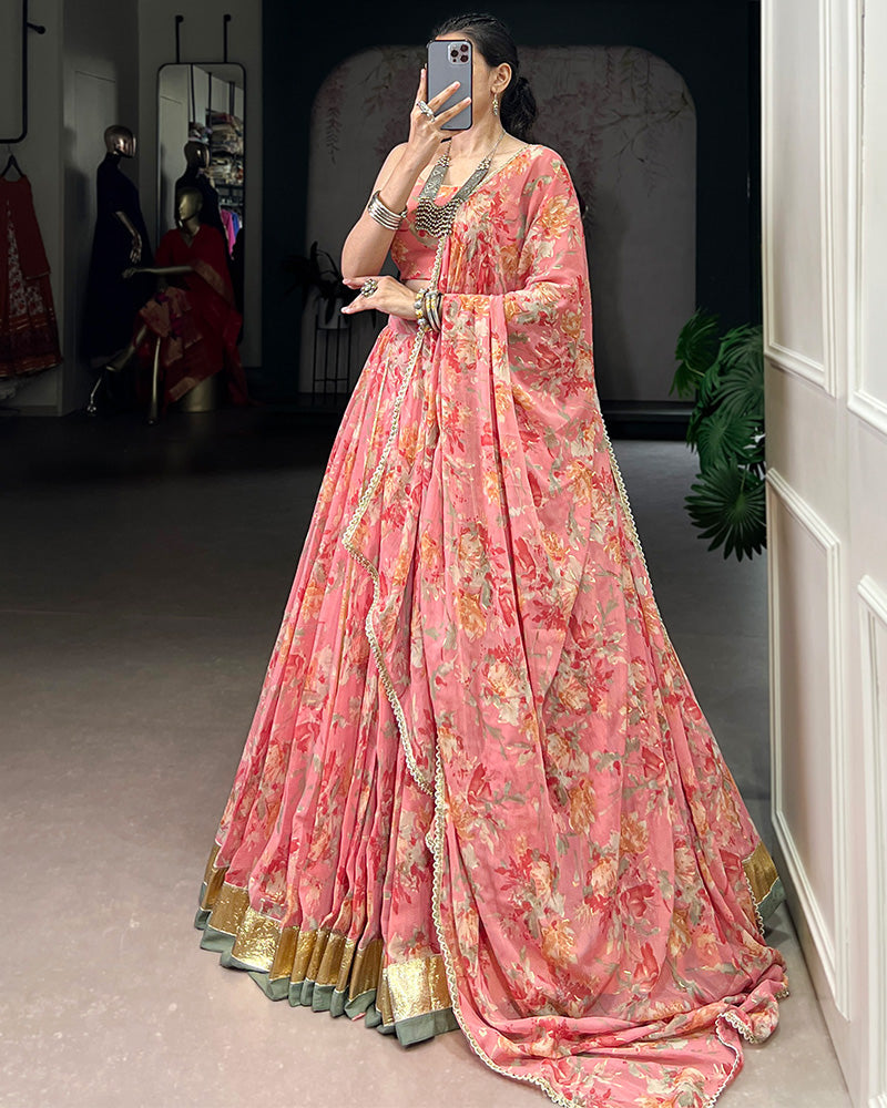 Womenline Peach Color Chiffon Printed Lehenga Choli