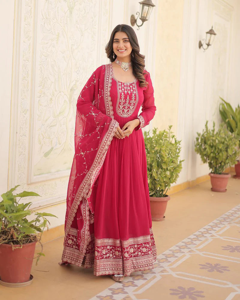 Womenline Pink Color Faux Blooming Rich Sequence Embroidered Gown
