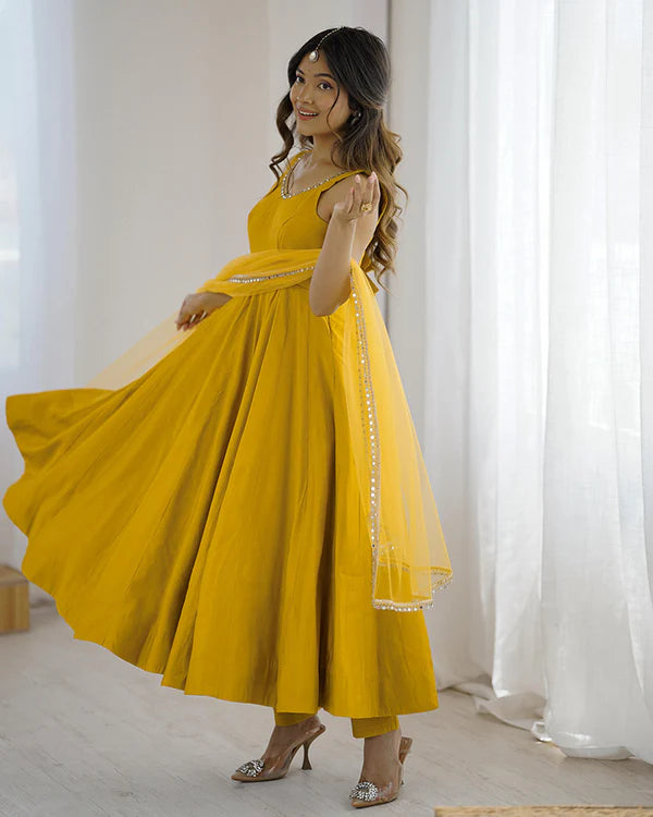 Womenline Yellow Color Chanderi Pure Roman Silk Anarkali Suit