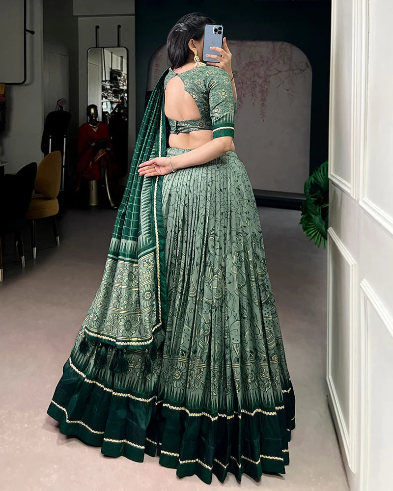 Womenline Green Color Tasar Silk Kalamkari Printed Lehenga Choli