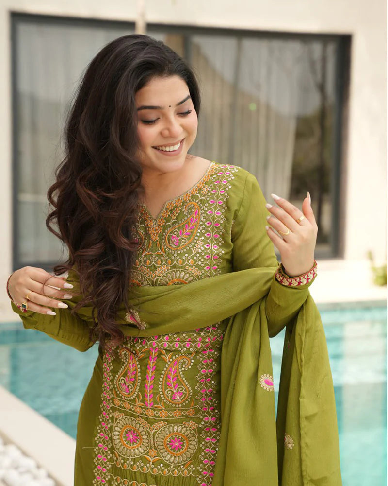 Womenline Parrot Color Chinon Embroidered Kurti Suit