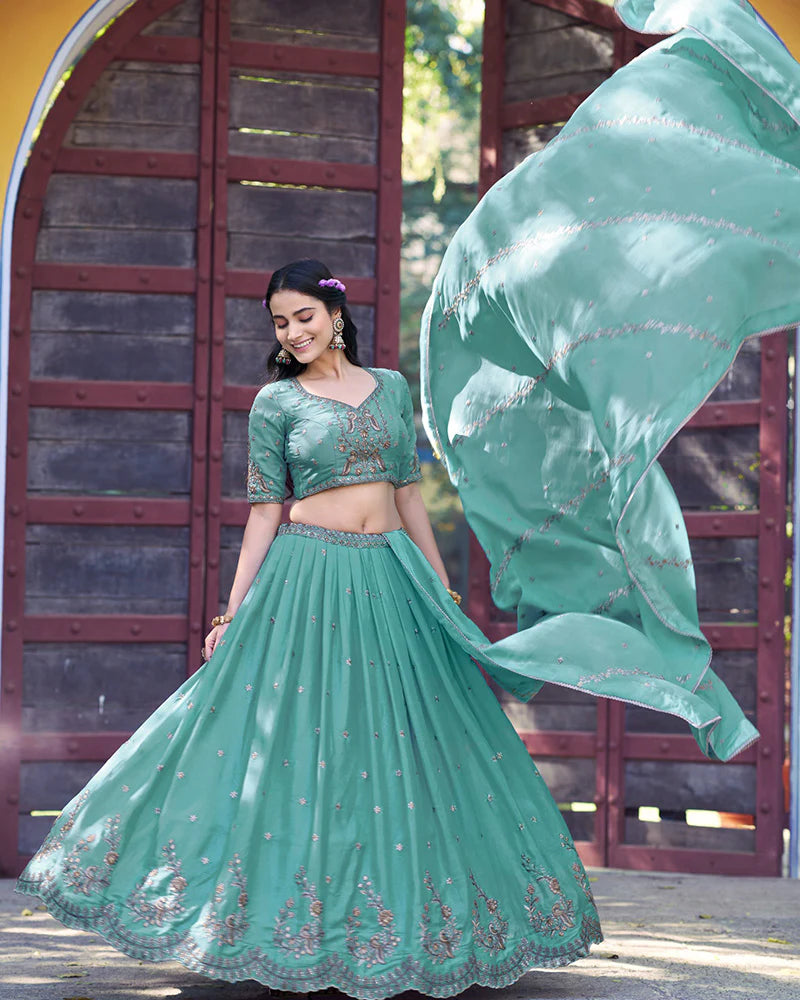 Womenline Sky Blue Color Star Georgette Embroidered Lehenga Choli
