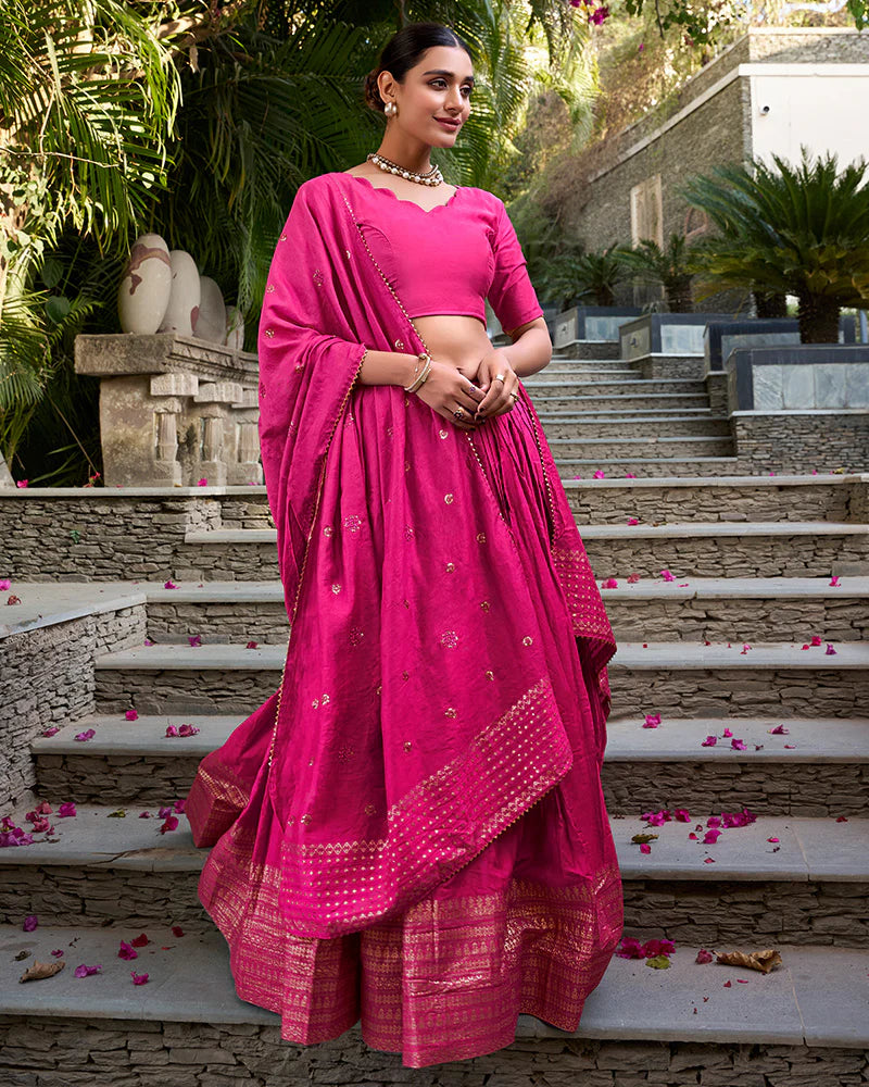 Womenline Pink Color Pure Chanderi Plain Lehenga Choli
