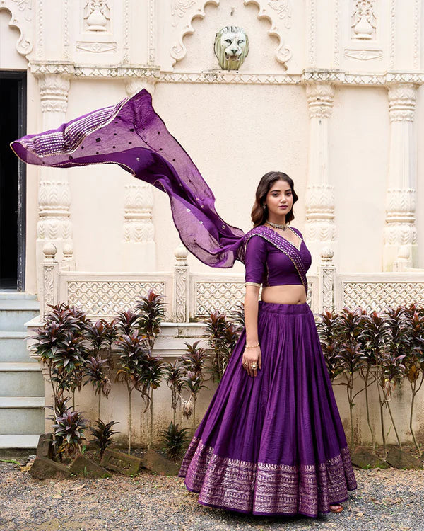 Womenline Dark Purple Color Pure Chanderi Plain Navratri Half Saree