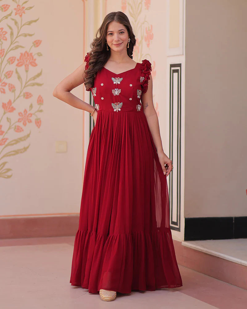 Womenline Red Color Faux Blooming Embroidered work Gown