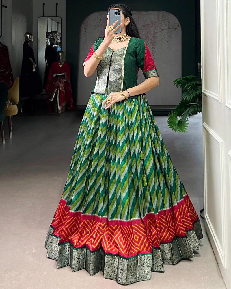Womenline Green Color Tasar Silk Laheriya Printed Lehenga Choli