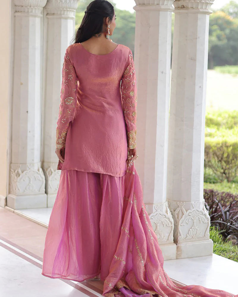 Womenline Baby Pink Color Fendi Silk Embroidered Sharara Suit