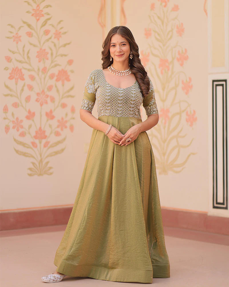 Womenline Mehndi Color Fendi Embroidered work Gown
