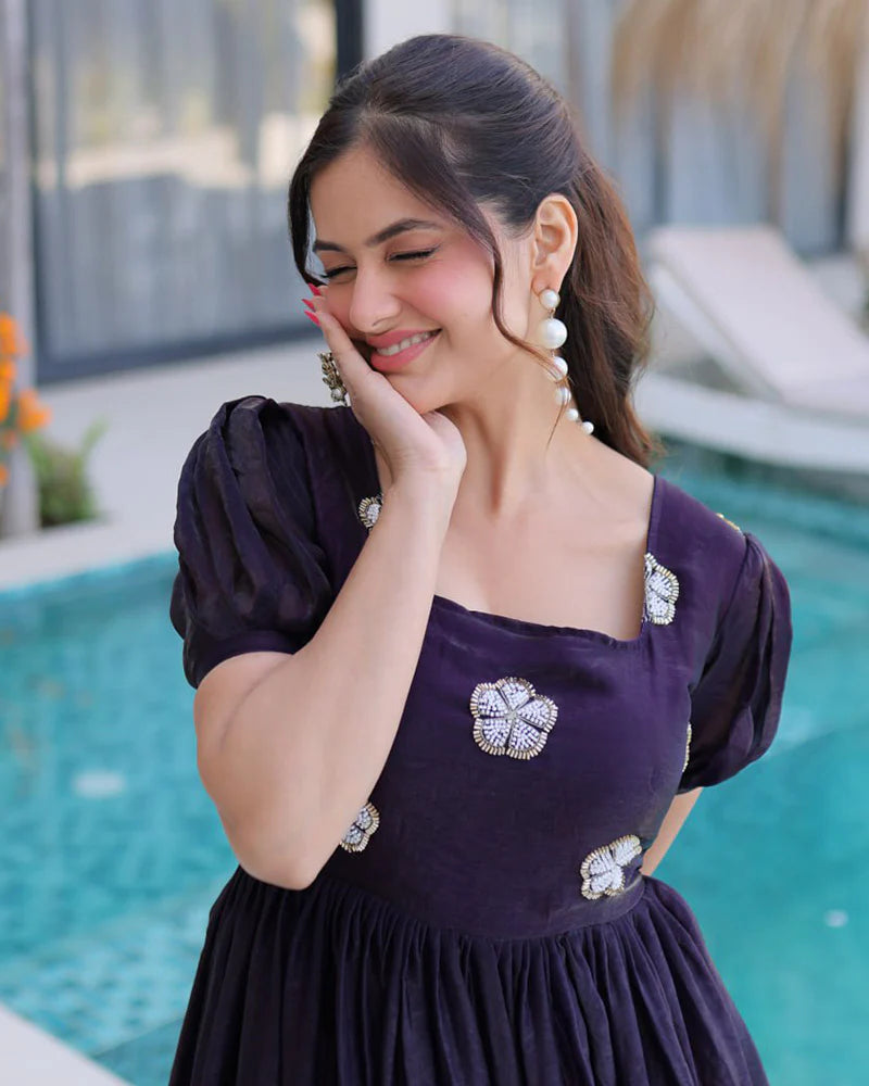 Womenline Dark Purple Color Fendi Silk Beads Embroidered Gown