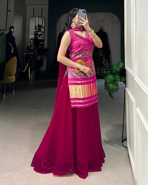 Womenline Pink Color Gaji Silk Three Piece Plazo Suit