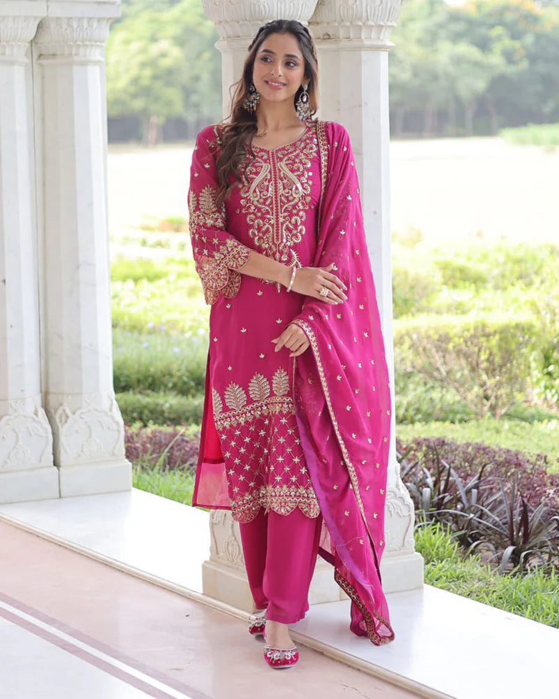 Womenline Rani Pink Color Georgette Embroidered Three Piece Kurti Suit