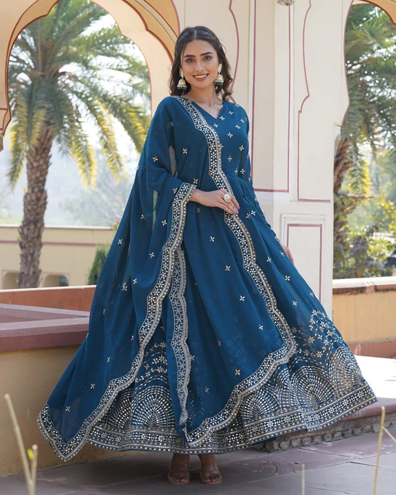 Womenline Rama Color Full Flair Anarkali Gown With Embroidered Dupatta