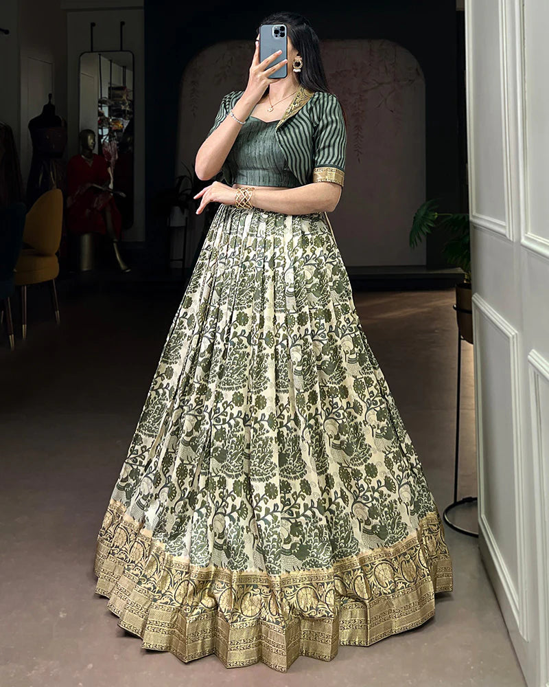 Womenline Green Color Tasar Silk Viscose Printed Lehenga Choli