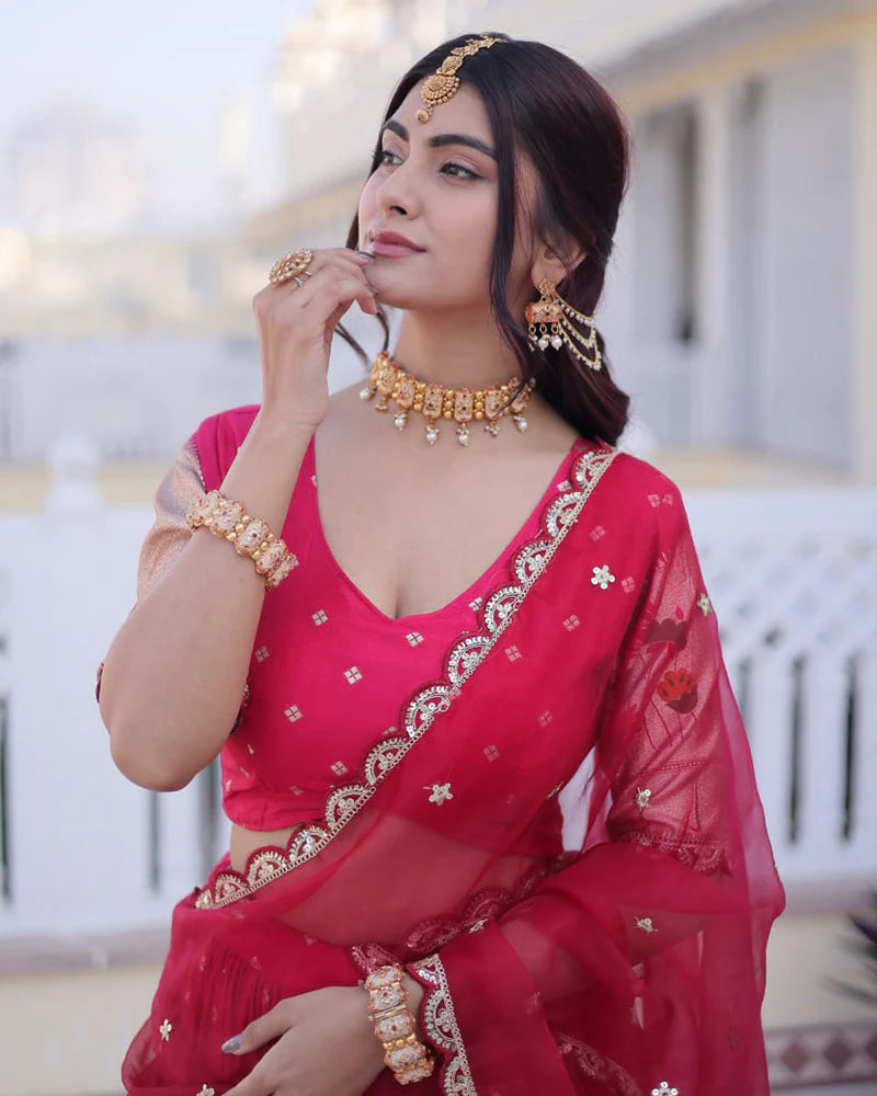 Womenline Pink Color Dola Silk Embroidered Lehenga Choli
