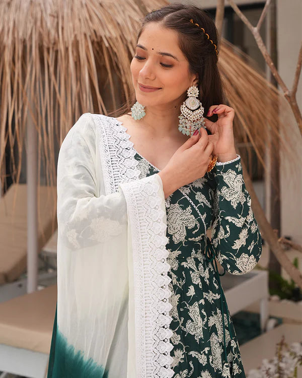 Womenline White And Green Color Floral Printed Cotton Anarkali Suit