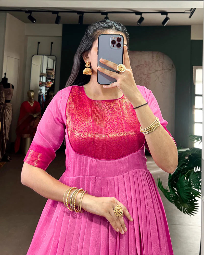 Womenline Pink Color Mass Mello Zari Weaving Gown