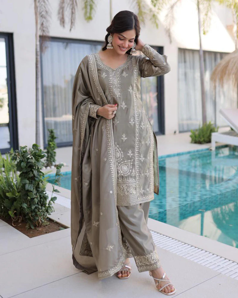 Womenline Grey Color Ho Silk Embroidered Kurti Suit