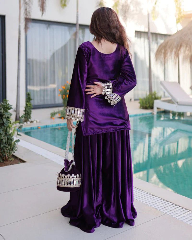 Womenline Deep Violet Color Ice Velvet Embroidered Plazzo Suit