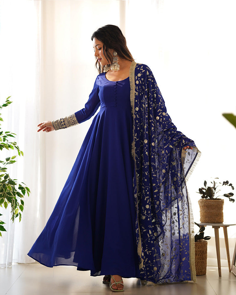 Womenline Blue Color Soft Georgette With Heavy Embroidery Work Dupatta Anarkali Suit