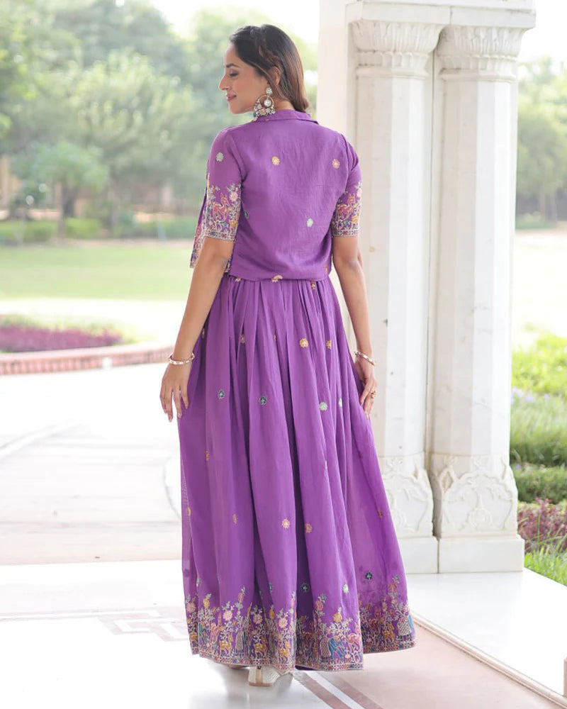 Womenline Purple Color Vichitra Silk Embroidered Gown
