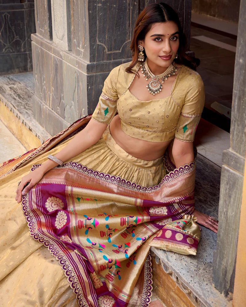 Womenline Cream Color Shimmer Organza Silk Lehenga Choli