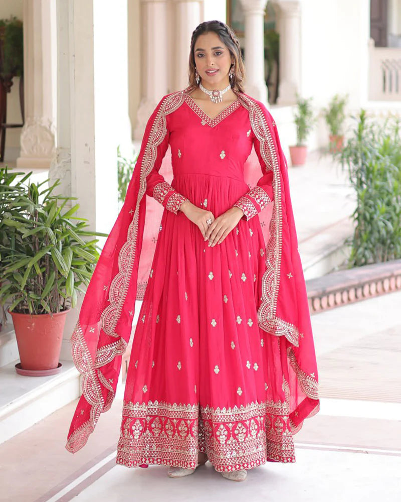 Womenline Bright Pink Vichitra Silk Sequence Embroidered Gown