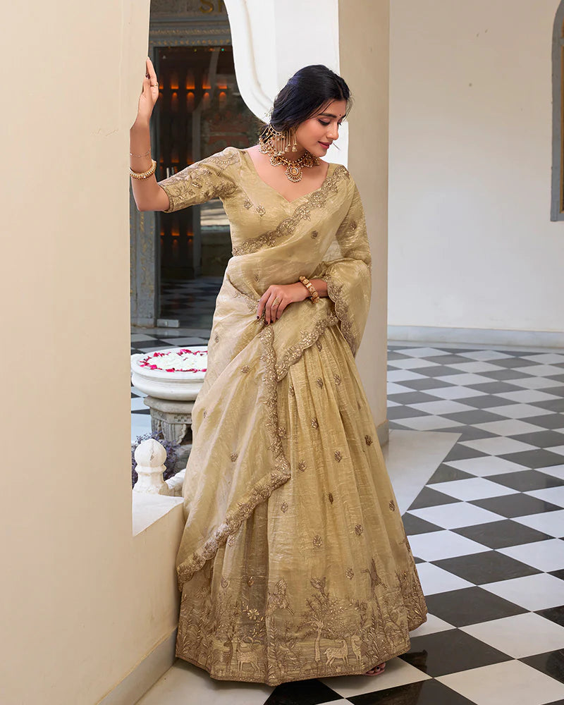 Womenline Off-White Color Gold Crush Embroidered Lehenga Choli