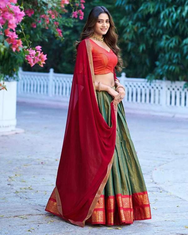Womenline Green Color Kanchipuram Silk Designer Half Saree