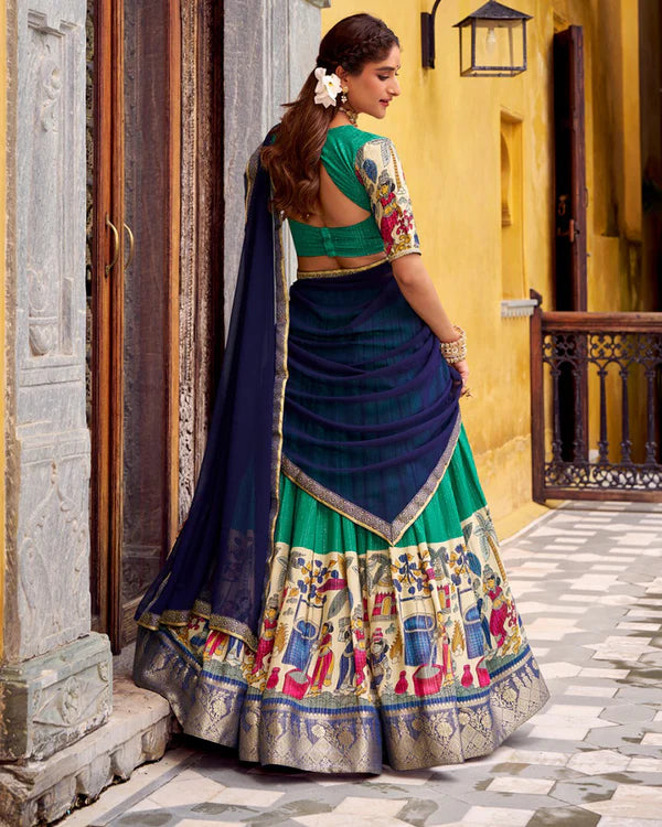 Womenline Bottle Green Color Poly Chanderi Printed Half Saree