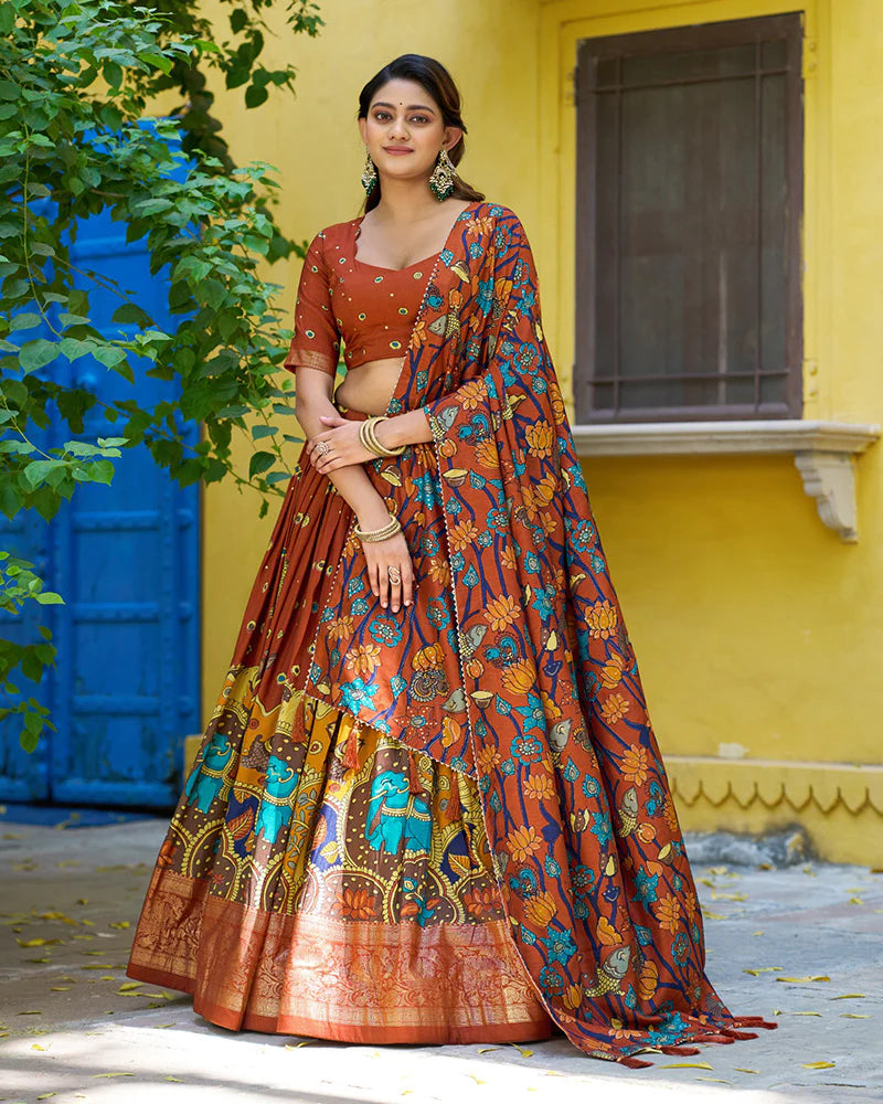 Womenline Rust Orange Color Tussar Silk Kalamkari Printed Lehenga Choli