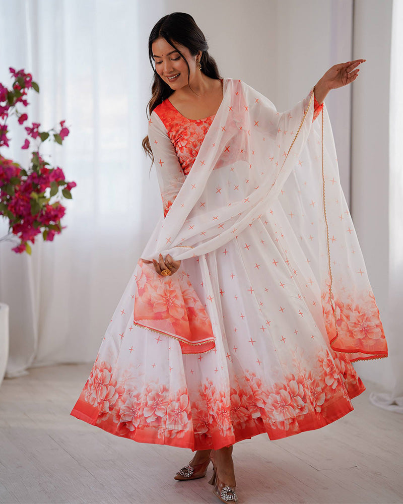 Womenline Orange Color Flower Print Tabby Organza Anarkali Suit