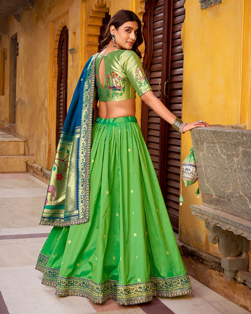 Womenline Parrot Green Color Soft Silk Paithani Lehenga Choli