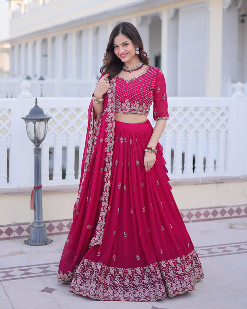 Womenline Cherry Rose Color Blooming Embroidered Lehenga Choli