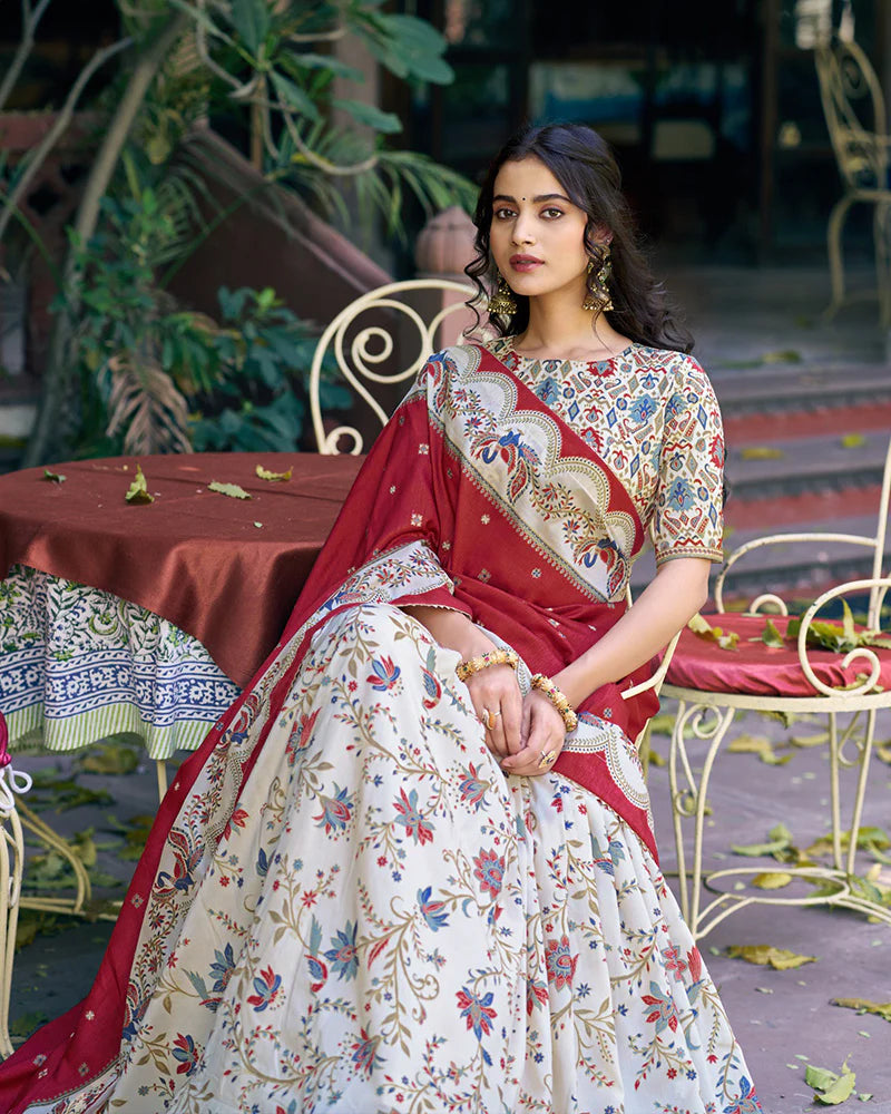 Womenline Off-White Color Tasar Silk Foil Printed Lehenga Choli