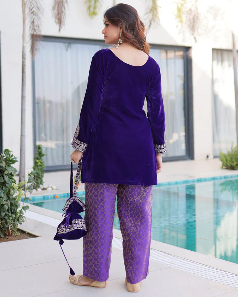 Womenline Purple Color Velvet Embroidered Kurti Suit