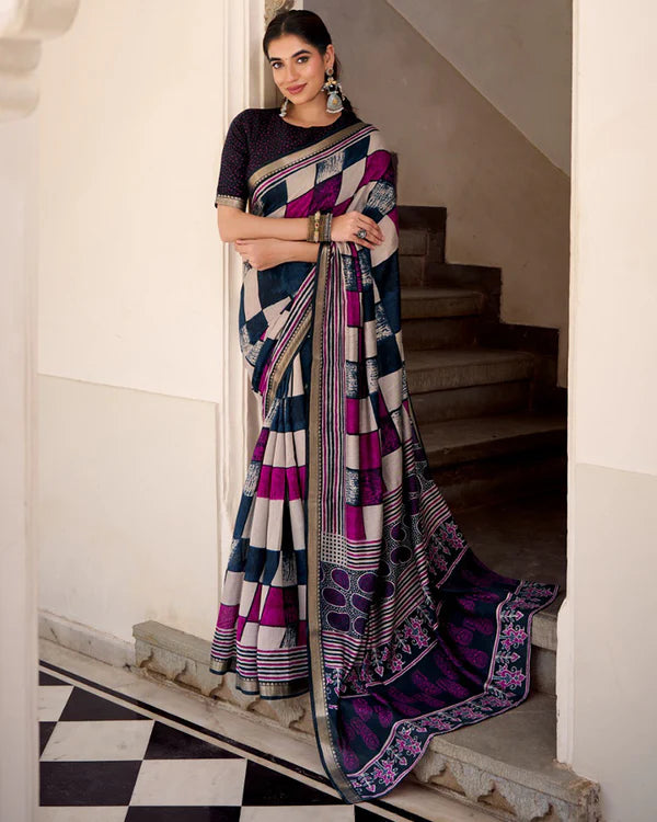 Womenline Navy Blue Color Polyester Chanderi Printed Saree