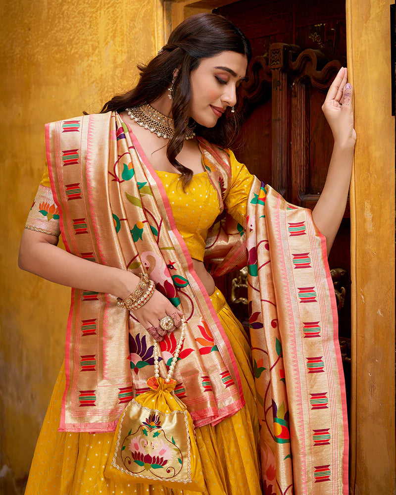 Womenline Mango Color Paithani Silk Zari Weaving Lehenga Choli