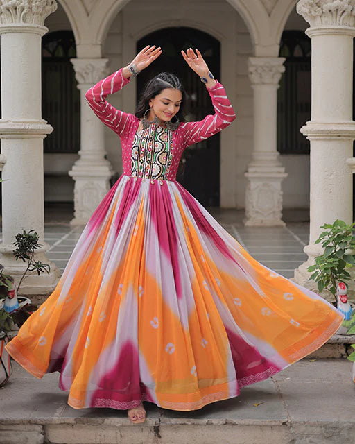 Womenline Pink Color Faux Georgette Bandhej Print Navratri Gown