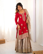 Womenline Red Color Chinon Silk Embroidered Sharara Suit