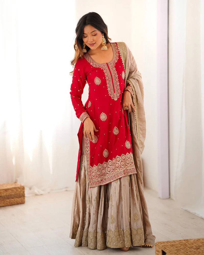 Womenline Red Color Chinon Silk Embroidered Sharara Suit