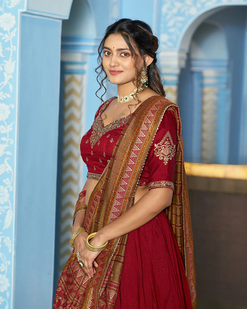 Womenline Elegant Maroon Embroidered Vichitra Silk Lehenga Choli