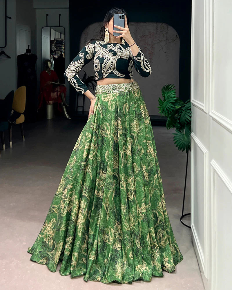 Womenline Firozi Green Color Tasar Silk Printed Embroidered Lehenga Choli