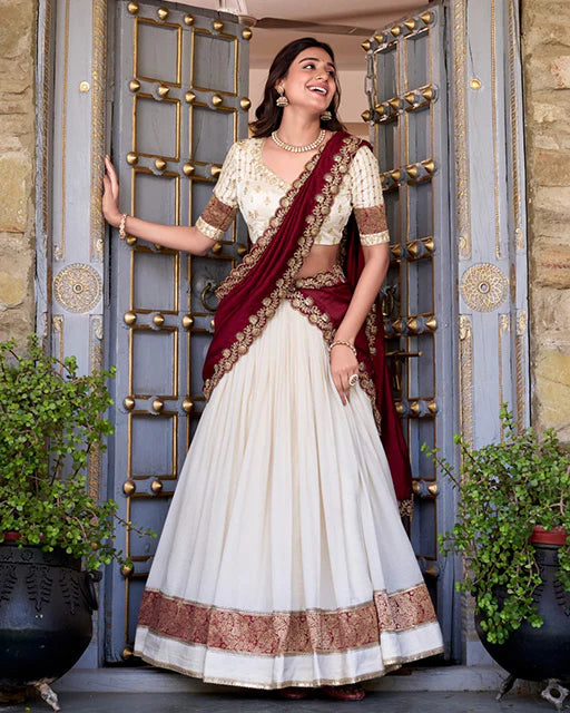 Womenline Off White Color Vichitra Silk Sequins Lehenga Choli