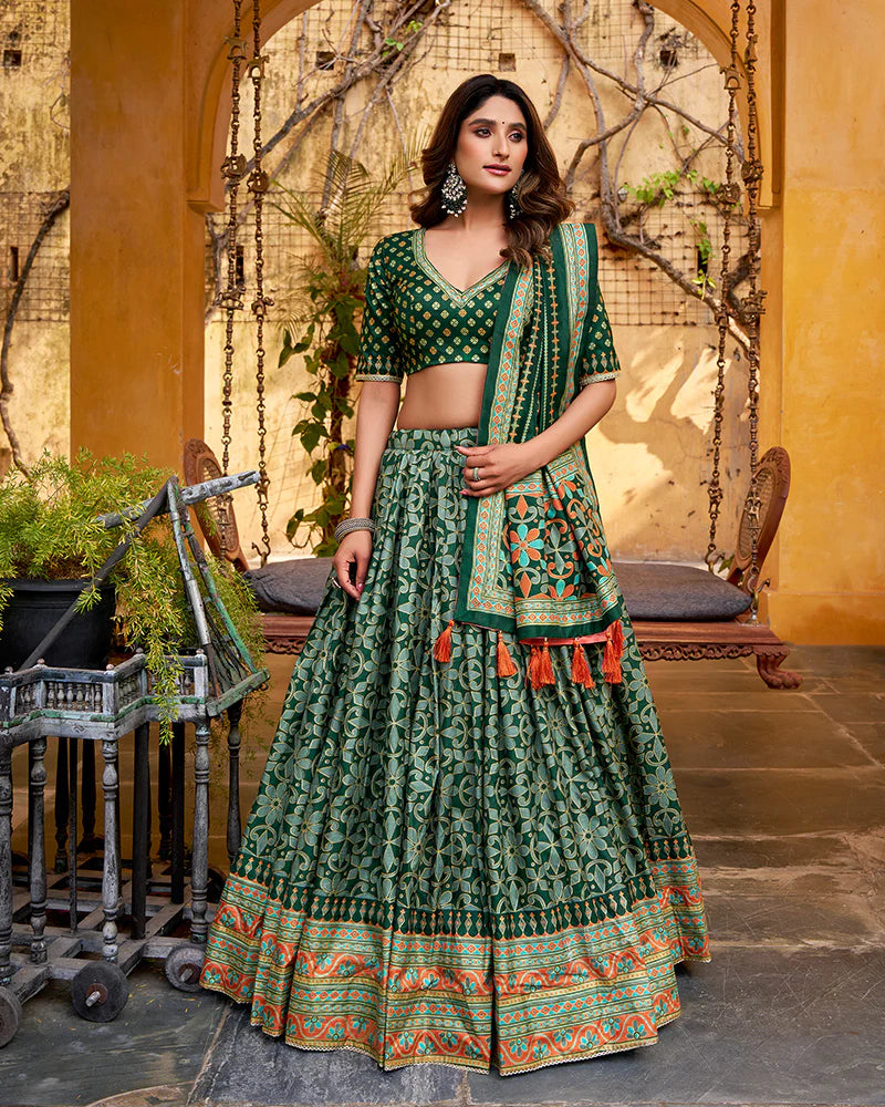 Womenline Green Color Tasar Silk Sparkle Lehenga Choli
